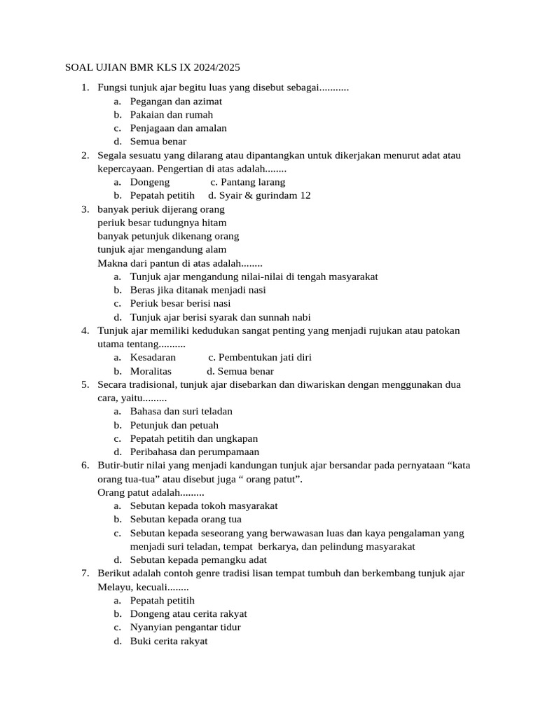 Soal Ujian BMR Kelas IX 2024 2025 PDF Soal Ujian BMR Kelas IX 2024 2025 PDF