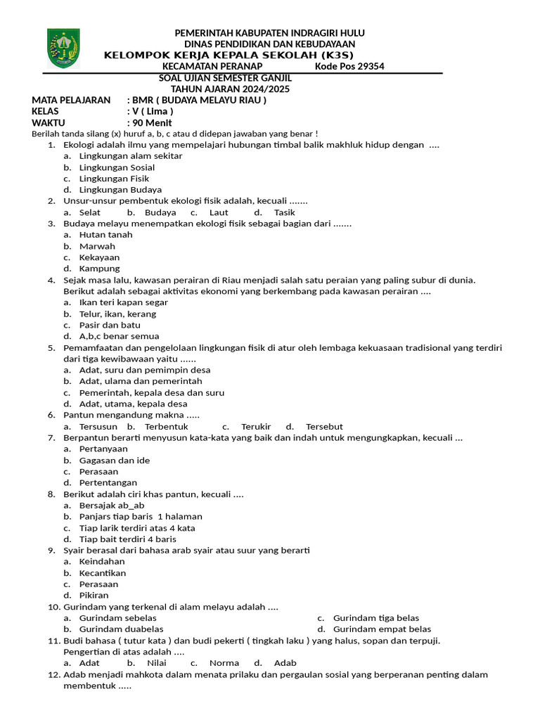 Soal Ujian BMR Kelas 5 Semester 1 PDF