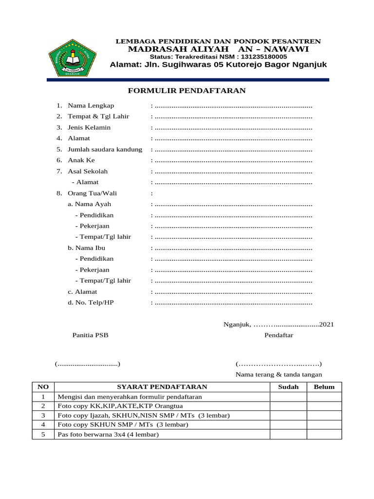 Formulir Pendaftaran Madrasah Aliyah PDF