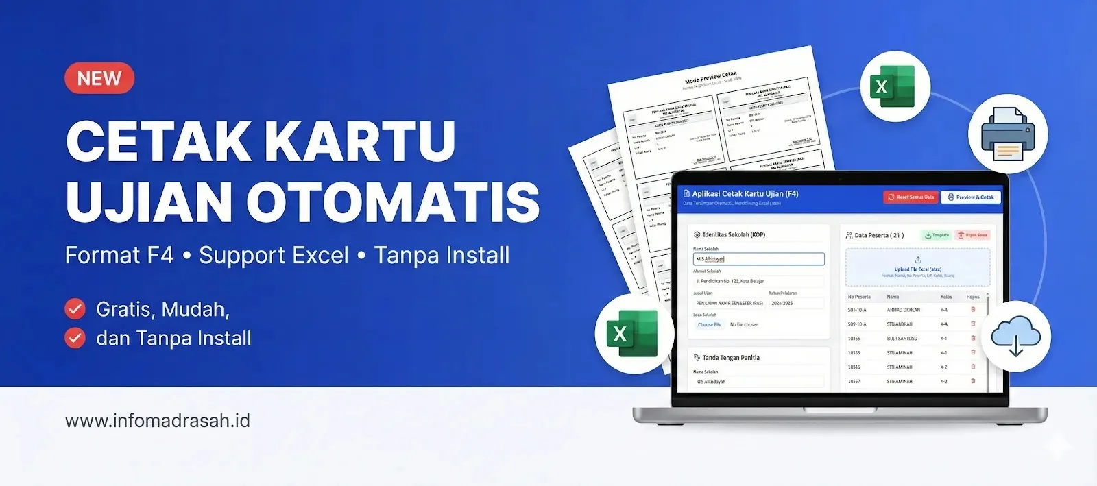 Aplikasi Cetak Kartu Ujian Otomatis Format F4 Gratis Mudah dan Tanpa