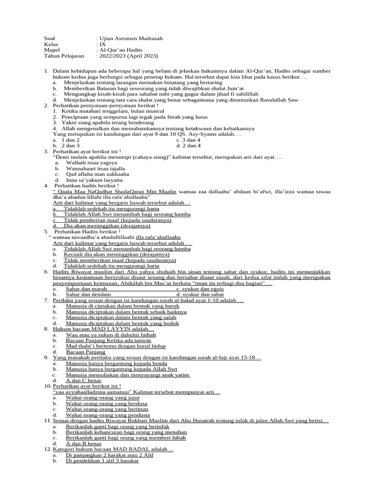 Soal Ujian Al-Qur an Hadits Kelas IX PDF