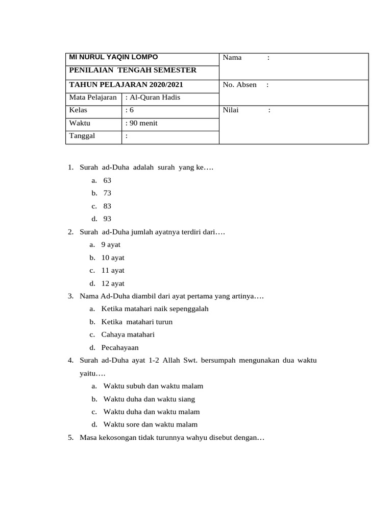 Penilaian Al-Quran Hadis Kelas 6 PDF