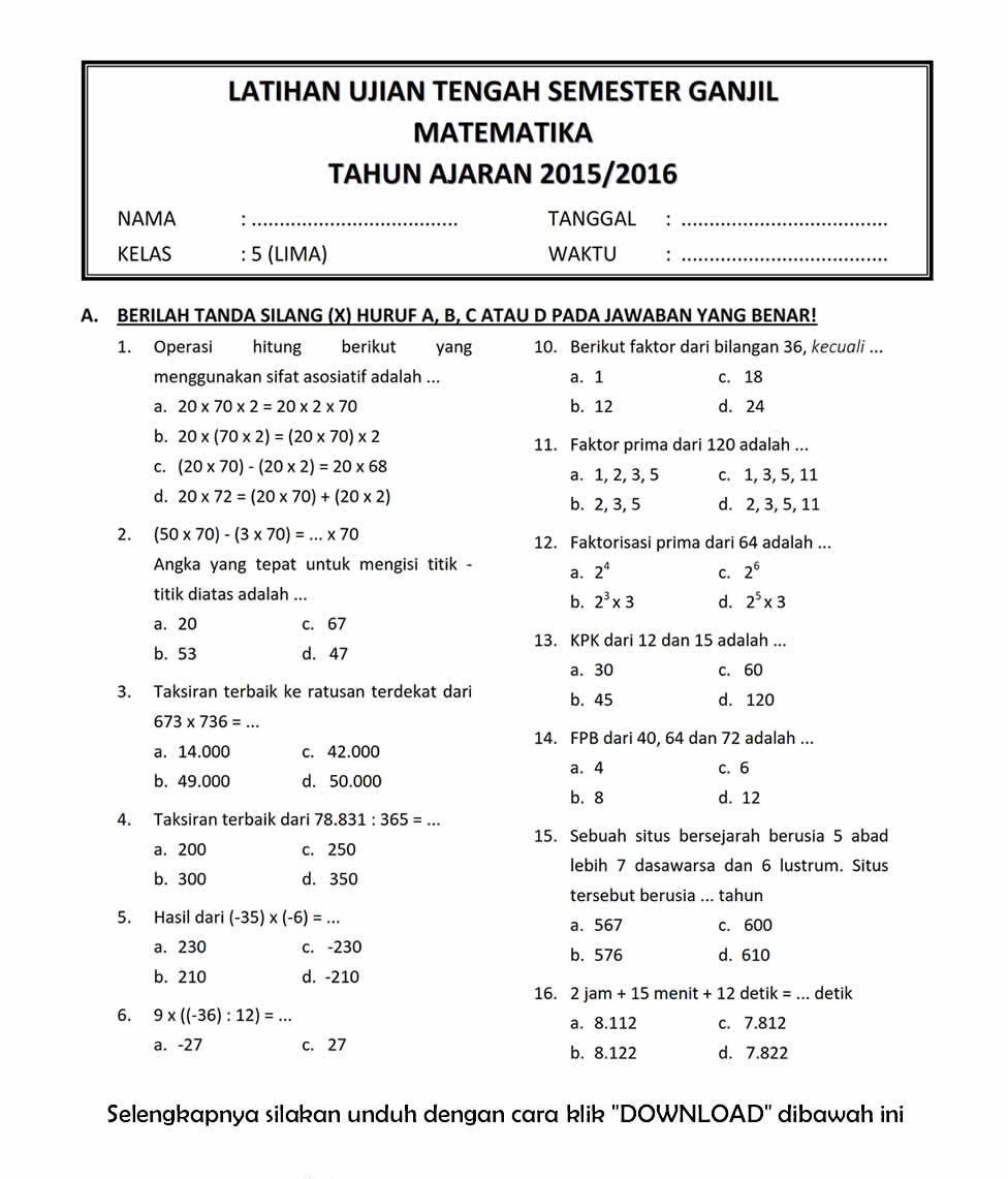 Inilah 7 Contoh Soal Matematika UTS Kelas 5 Semester 1 2018 yang Sering Muncul dan Wajib Kamu Pelajari Sebelum Terlambat