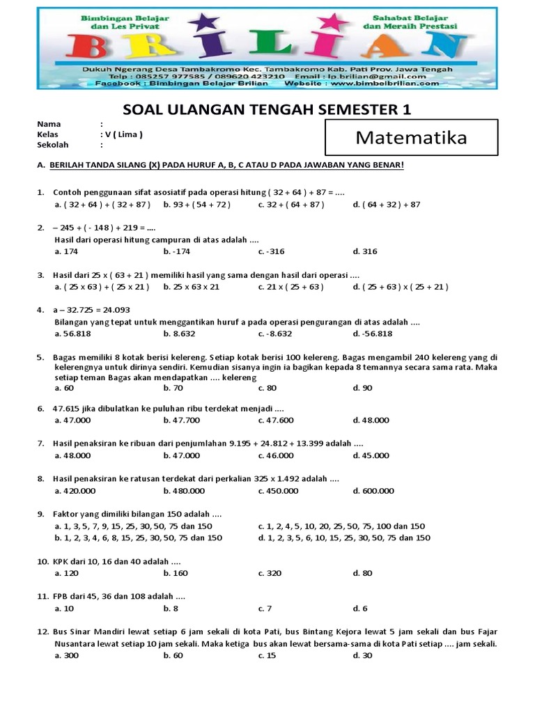 Soal UTS Matematika Kelas 5 SD Semester 1 Ganjil Dan Kunci Jawaban PDF