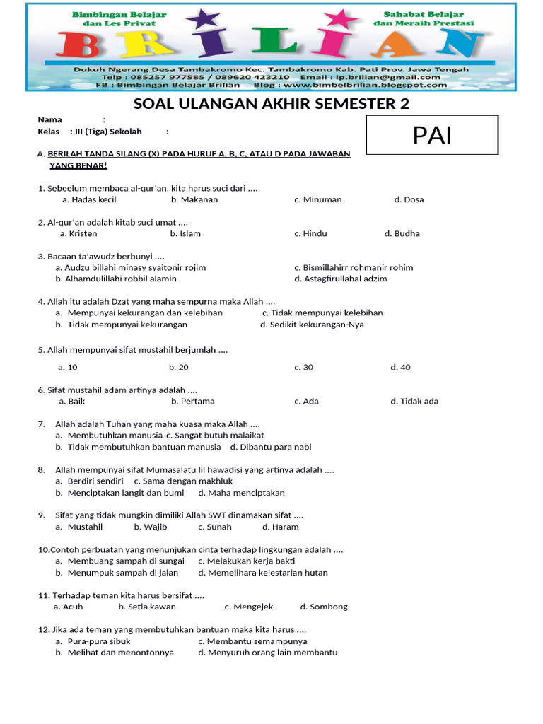 Wajib Tahu 10 Soal PAI Kelas 3 Semester 2 Terbaru Agar Anak Makin Pintar