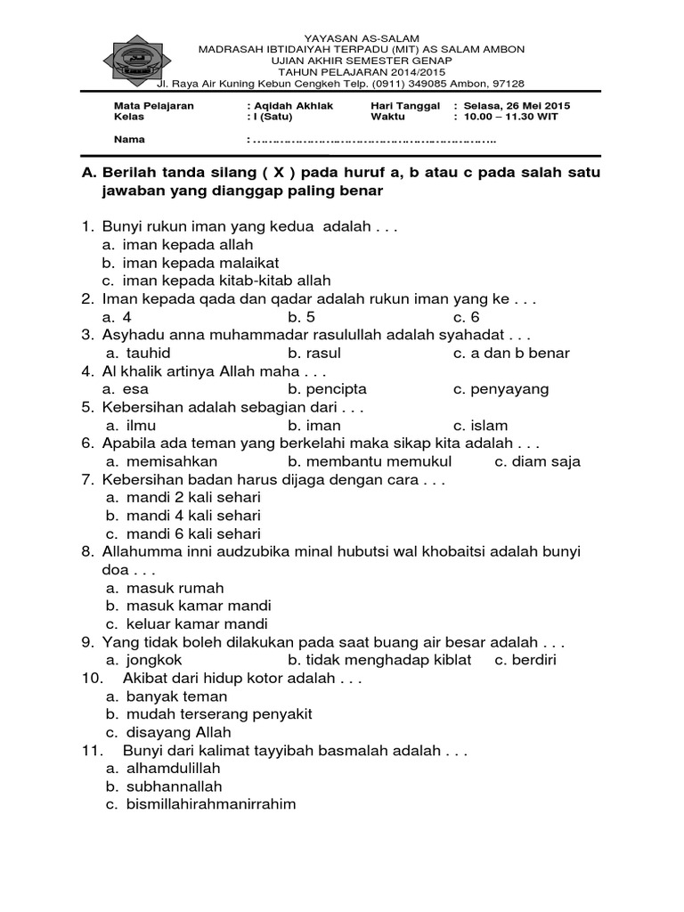Latihan Soal UTS Aqidah Akhlak Semester 2 Kelas 1 Wajib Tahu Agar Nilai Sempurna