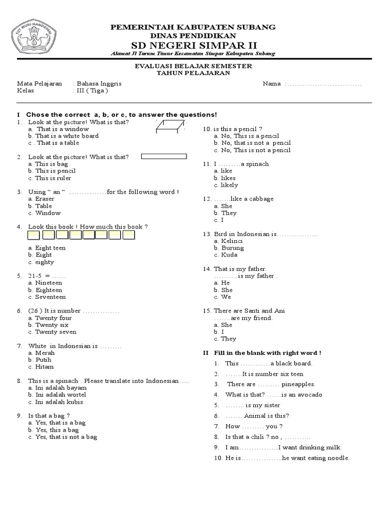 Rahasia Nilai Sempurna Bocoran Soal Ujian Bahasa Inggris Kelas 3 SD Semester 1 Terbaru