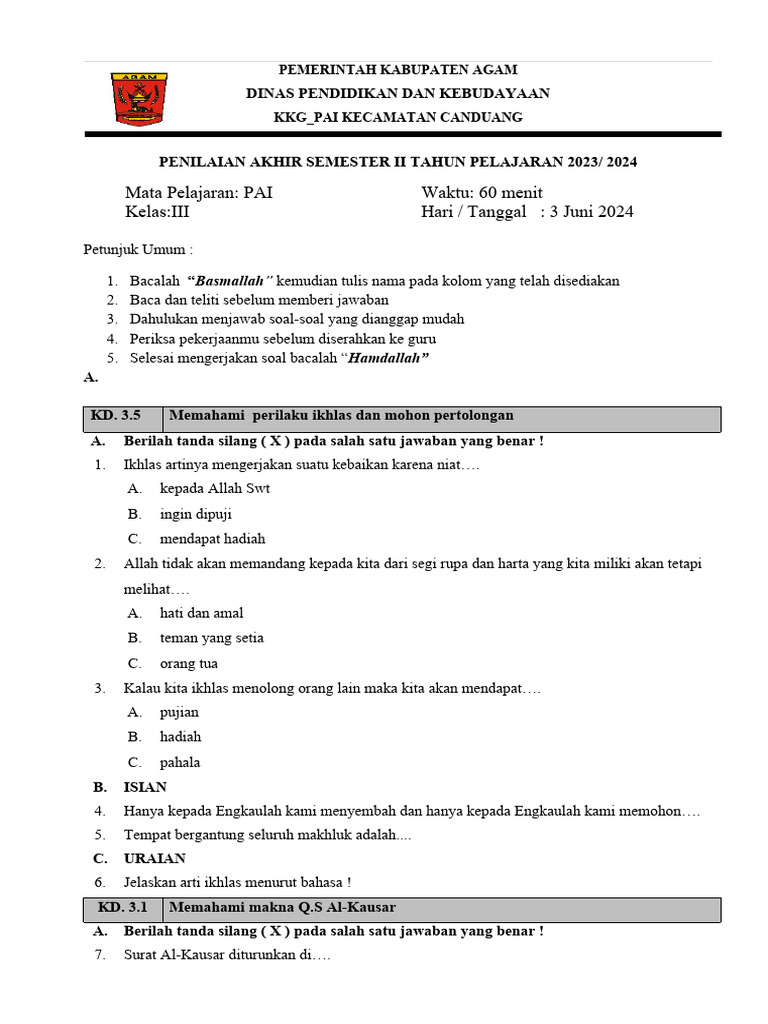 Wajib Tahu! Ini Kumpulan Latihan Soal UAS Agama Islam Semester 2 Kelas 3 SD Terbaru