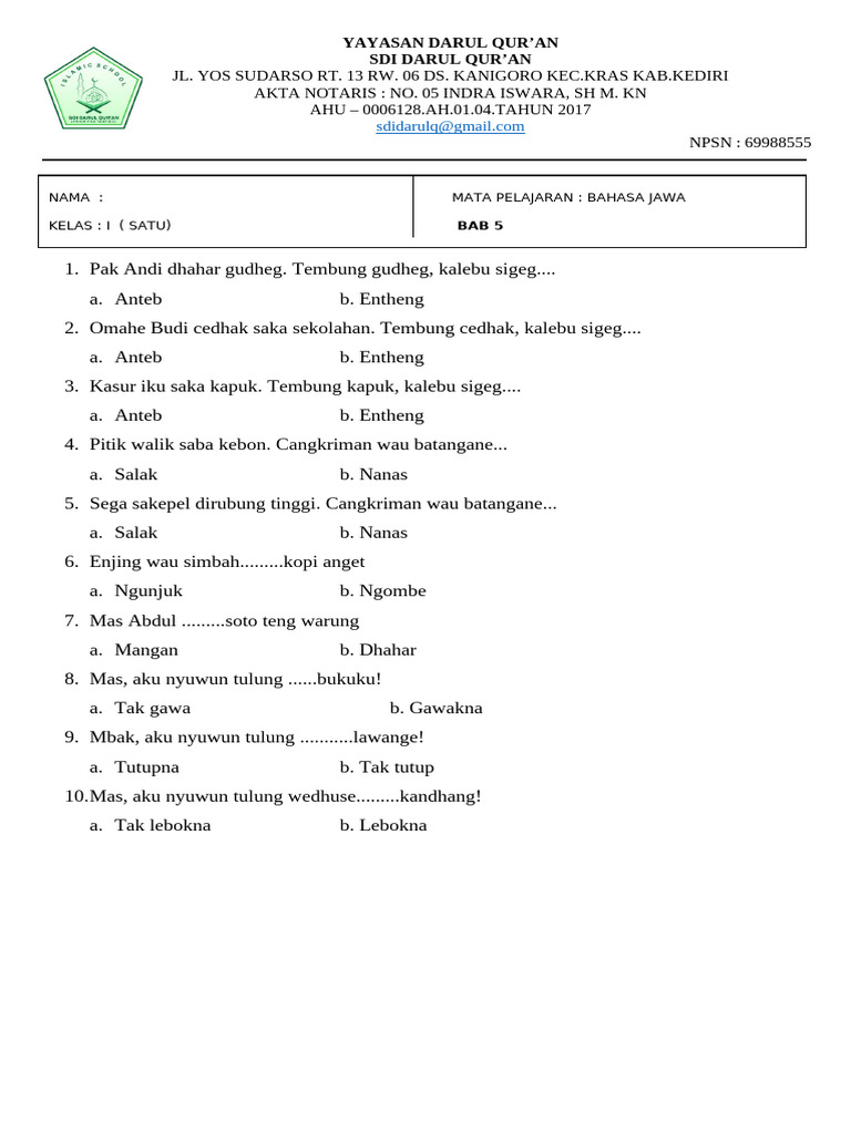 Wajib Tahu! Inilah Kumpulan Latihan Soal UTS Bahasa Jawa Kelas 1 SD Semester 2 Terbaru