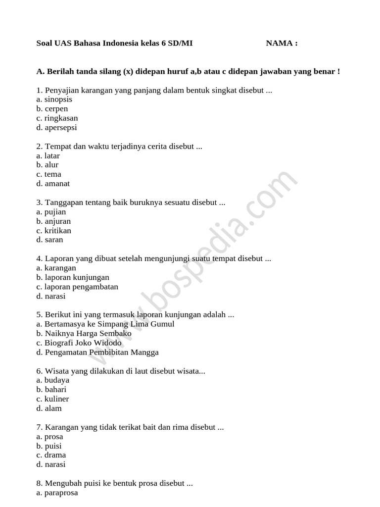 Wajib Tahu! Kumpulan latihan soal UAS Bahasa Indonesia kelas 6 SD semester 2 Terupdate