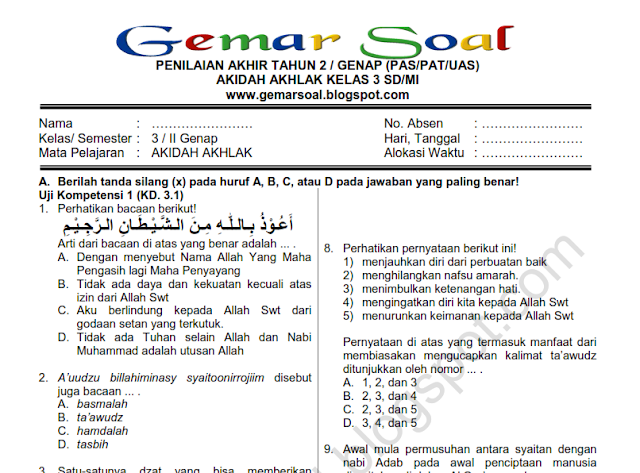 Wajib Tahu! Kumpulan latihan soal uas aqidah akhlak kelas 3 semester 2 mi Terupdate