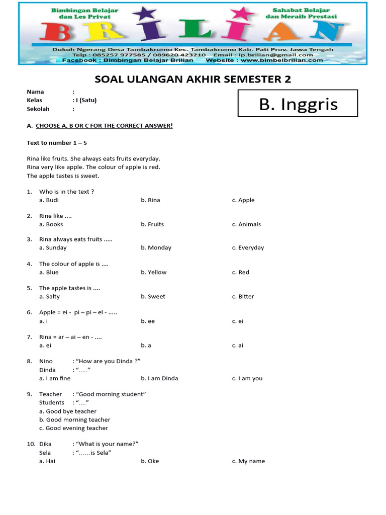 Wajib Tahu! Kumpulan latihan soal uts bahasa inggris kelas 1 sd semester 2 paling akurat